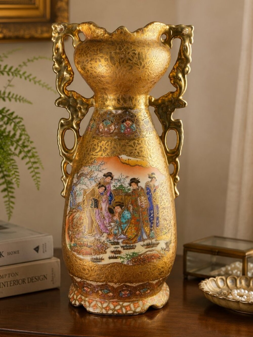 Vintage Japanese Satsuma Moriage Double Handle Vase 12" Gold Gilt Geisha Scene